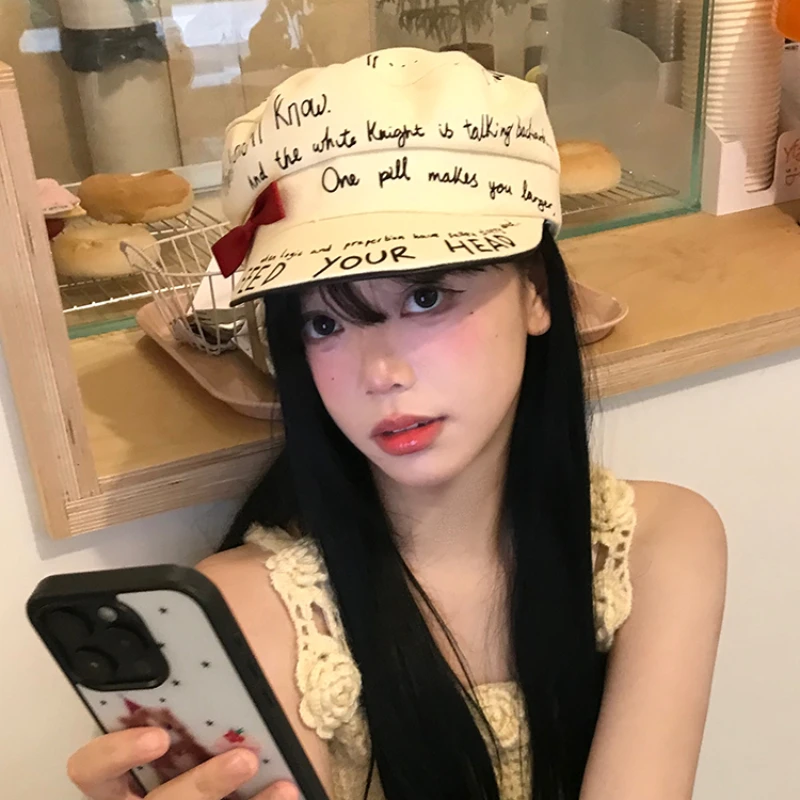 여성용 달콤한 활 글자 그래피티 플랫 탑 베레모, 여름 여행 자외선 차단, 한국 문학, 다목적 캐주얼 팔각형 모자