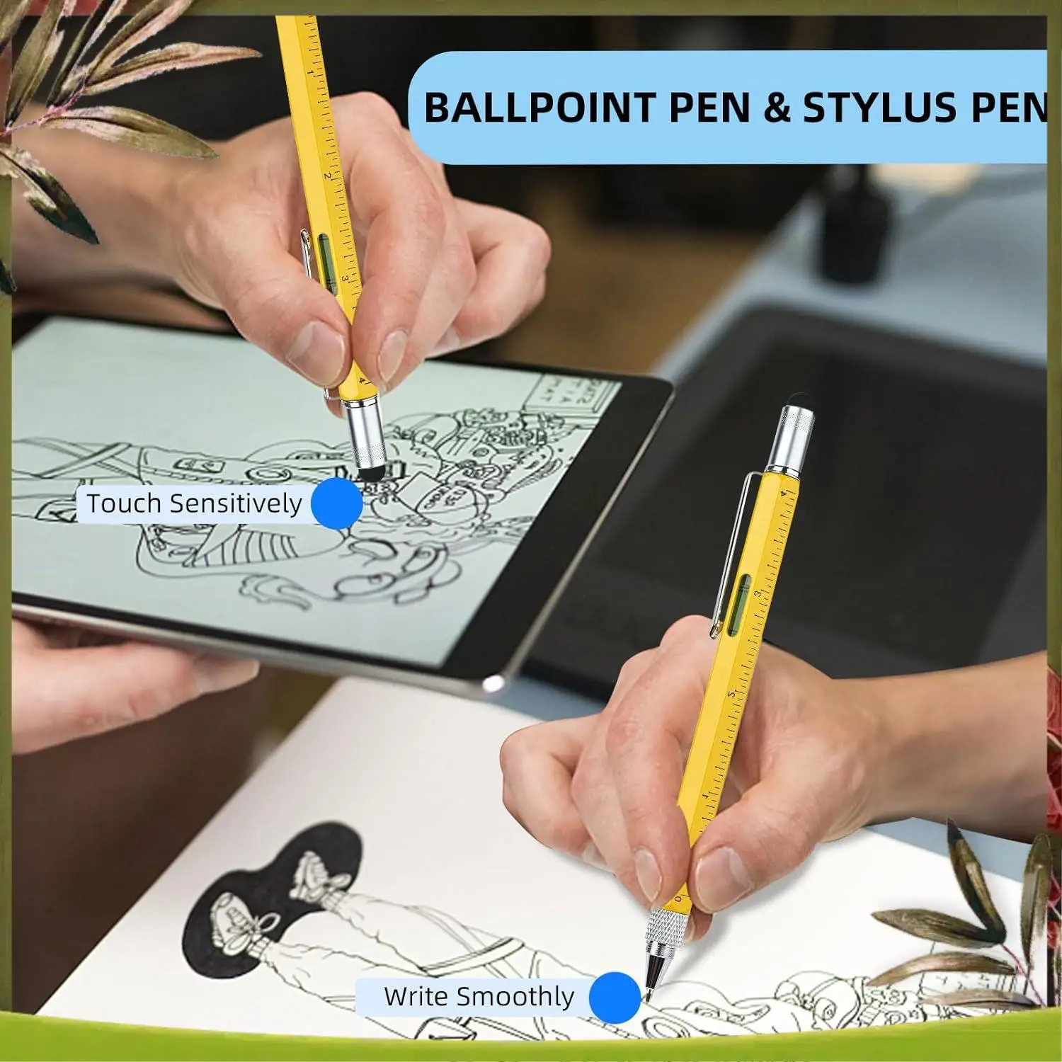 새로운 멀티툴 펜 멋진 가제트, 스타일러스가 포함된 참신한 펜, 레벨, 눈금자, 드라이버, 아빠 남편을 위한 생일 선물 노란색 Dura