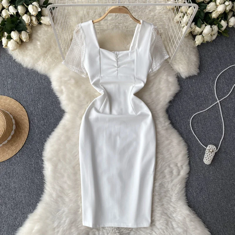 

Foamlina Elegant Perspective Mesh Patchwork Short Sleeve Summer Dress Women Fashion Square Collar High Waist Midi Pencil Dress