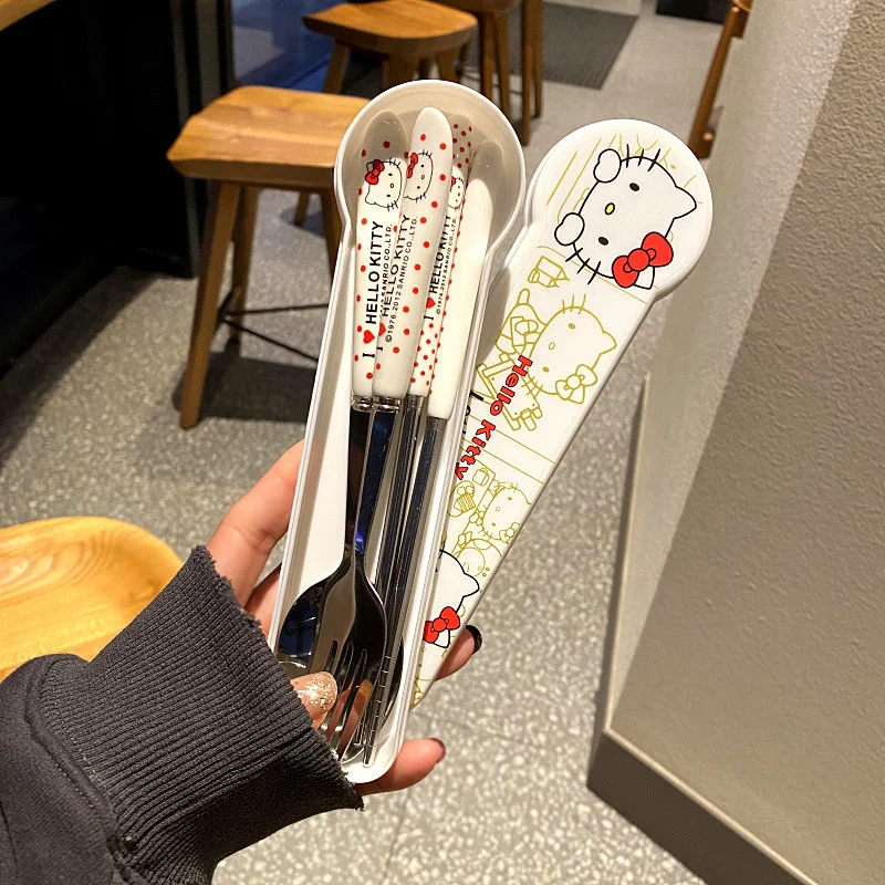 

Hello Kitty Sanrio Kawaii Cartoon Cute Portable Travel Out Tableware Chopsticks Spoon Fork Set Anime Toys for Girl Birthday Gift