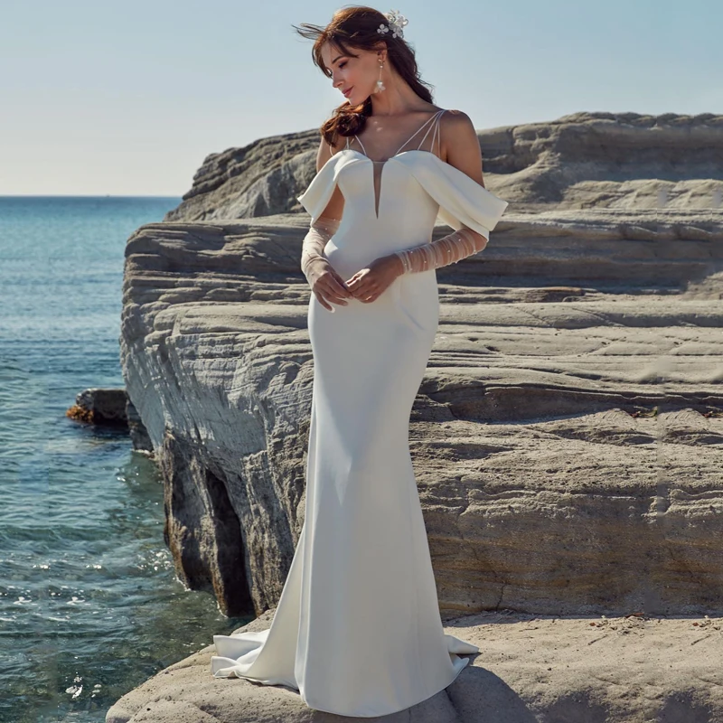

Eightree Sexy Mermaid Wedding Dresses Off The Shoulder Satin Party Dress Sweep Train Formal Satin Floor Length Gowns Plus Size