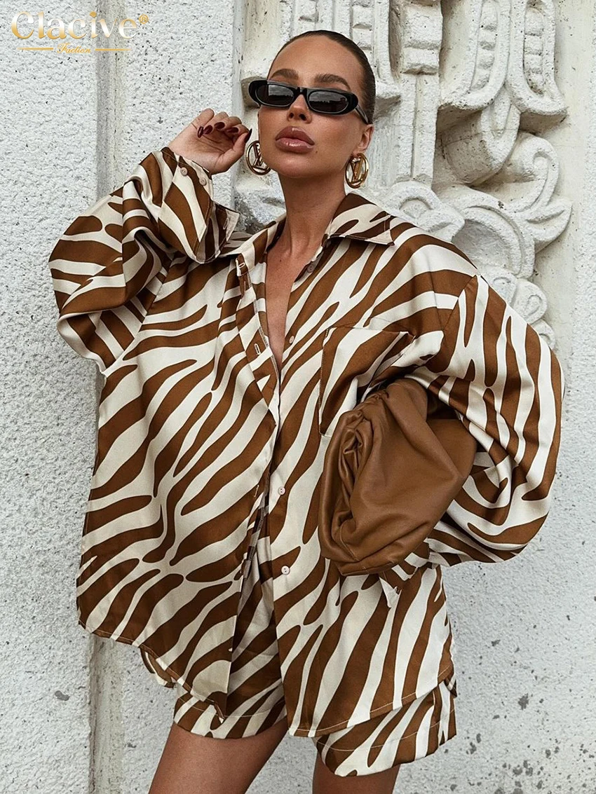 Clacive Fashion Loose Stripe Print 2 Piece Sets Women Outfit 2024 Elegant Long Sleeve Shirt With High Waist Shorts Set Female 2