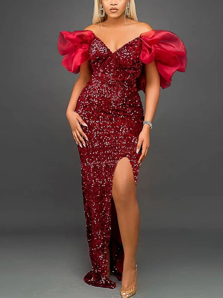 

Sexy Women Even Dress Sequin Off Shoulder Fluffy Sleeve High Slit Velvet Robes Maxi Long Formal Party Evening Prom Gown