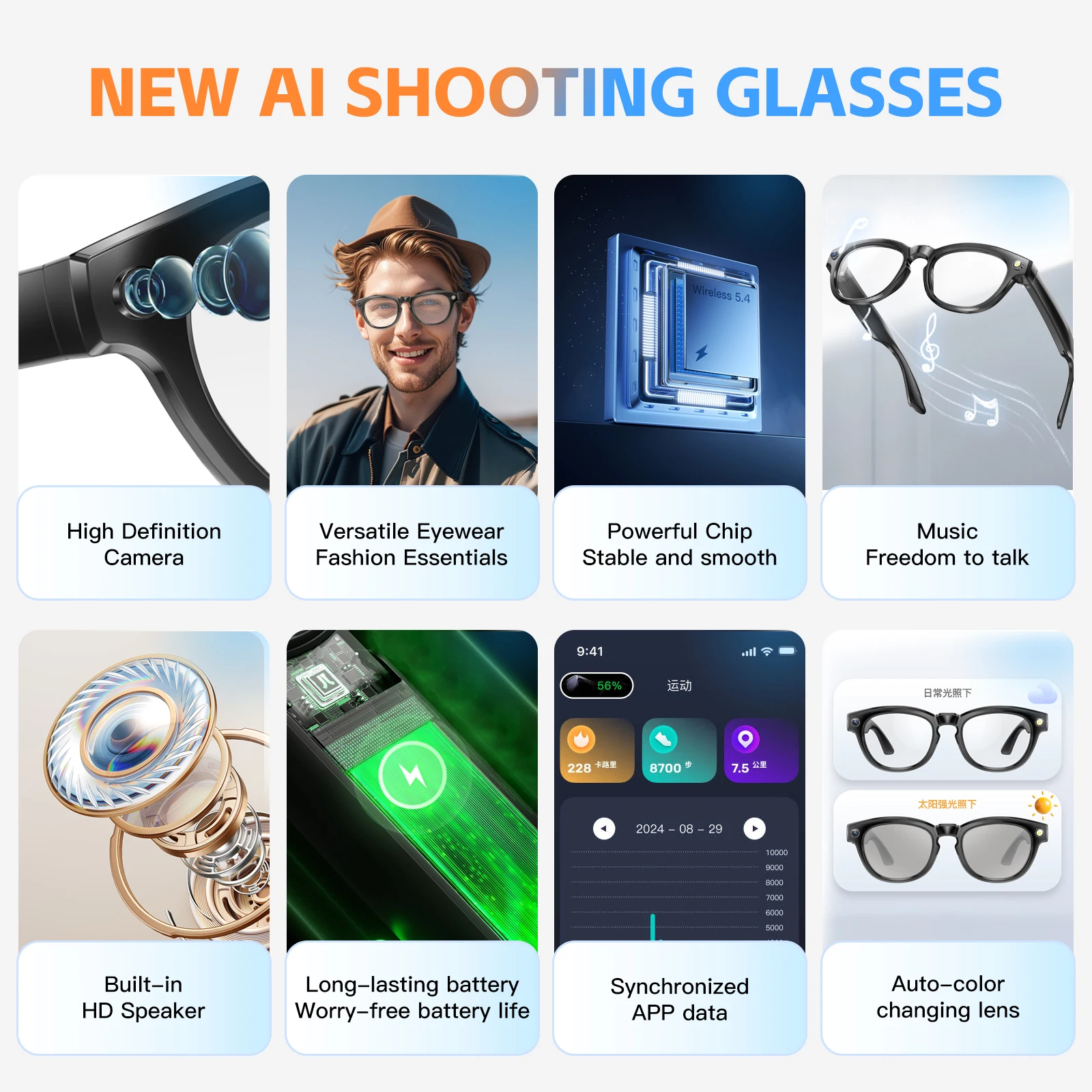 LIGE 200W HD Camera Smart Glasses Video Recording BT Call 260mAh AI Voice Control Translation Men Sunglasses Photochromic Lenses