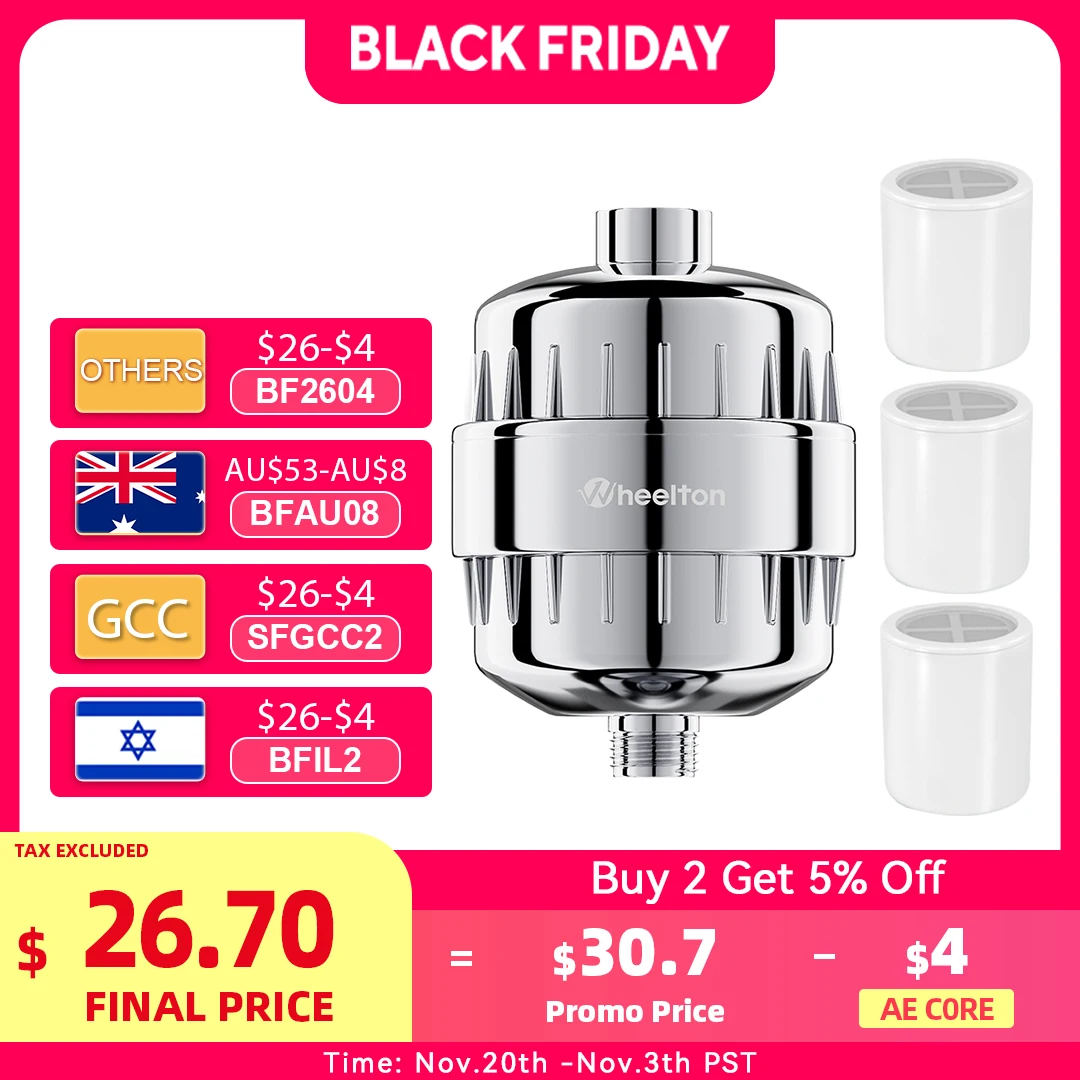 เครื่องกรองน้ําอาบน้ํา Wheelton (WHT-303-3E) น้ํายาปรับคลอรีนและเครื่องกรองน้ํากําจัดโลหะหนักสําหรับการอาบน้ําเพื่อสุขภาพ 1