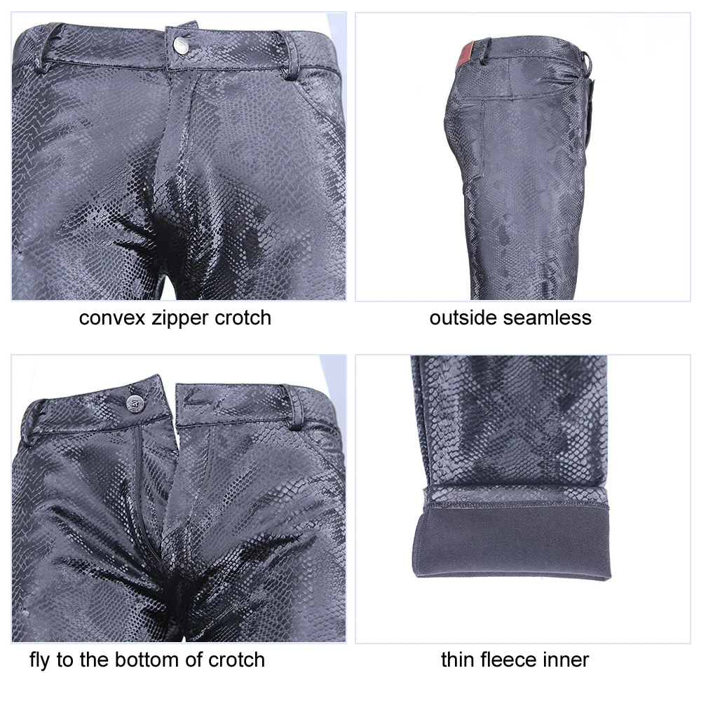 Men Trousers Men Snake Skin Texture PU Leather Lining Fleeces Skinny Bottoms Pencil Pants Velvet Legging Warm Motorcycle Punk Casual Trousers men trousers leather pants skinny pants