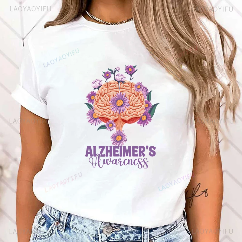 

Hot Alzheimer Awareness Printed T-Shirt Summer Casual Loose T Shirt Women Harajuku High Quality Cotton Shirts