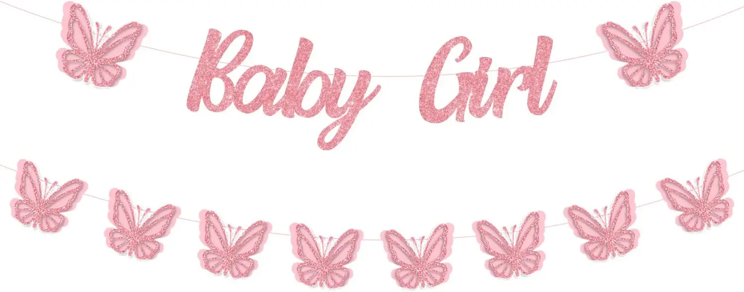 

JOYMEMO Butterfly Baby Shower Decorations Pink Butterfly Baby Girl Banner Baby Shower Glitter Garland Room Garden Party Supplies