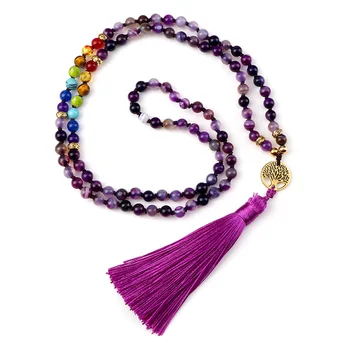 여자를위한 천연 보라색 마노 스톤 목걸이 여자 7 차크라 Reiki 108 Japamala 말라 비즈 매듭 된 술 목걸이 롱 목걸이 쥬얼리