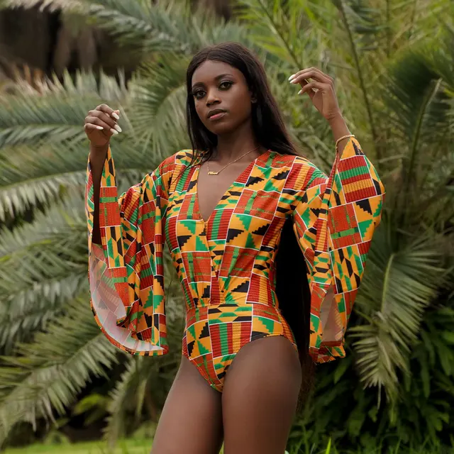 Ebere V-Neck Long Sleeve  Kente Swimsuit