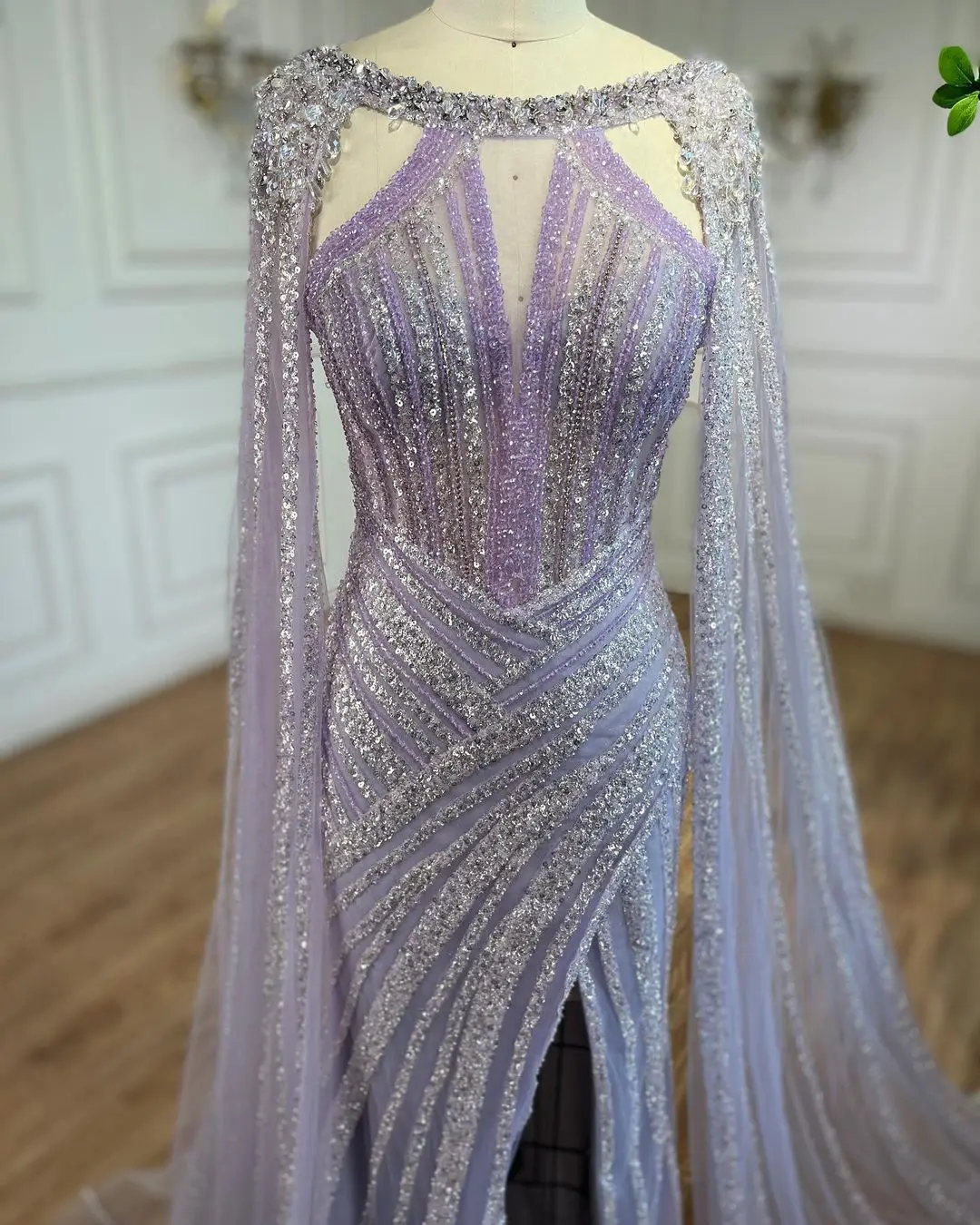 S1fb55a4712334487a755ea11923f7ceaK Lilac Cape Sleeves Mermaid Luxury Beaded Evening Dresses Open Split Wedding Party Gowns For Women Mallzona