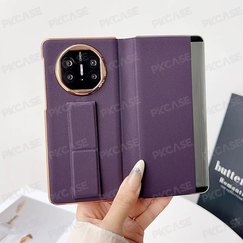 Shockproof Wristband Bracket Flip Leather Case with Smart View Window & Camera Protection