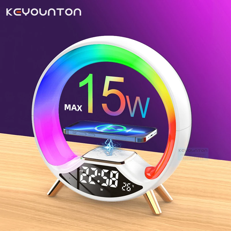 15W Wireless Fast Charger Sveglia Lampada Da Tavolo Altoparlante Bluetooth Touch Control Luce Colorata Multifunzione Per Iphone 14 13Pro