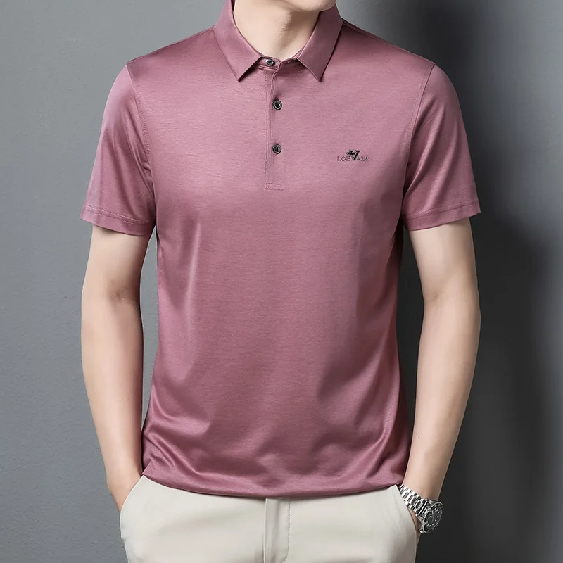 

2022 Summer Diamonds Golf Men's Polo Shirts Luxury Mulberry Silk Short Sleeve Male T-shirts Business Solid Color Thin Man Tees