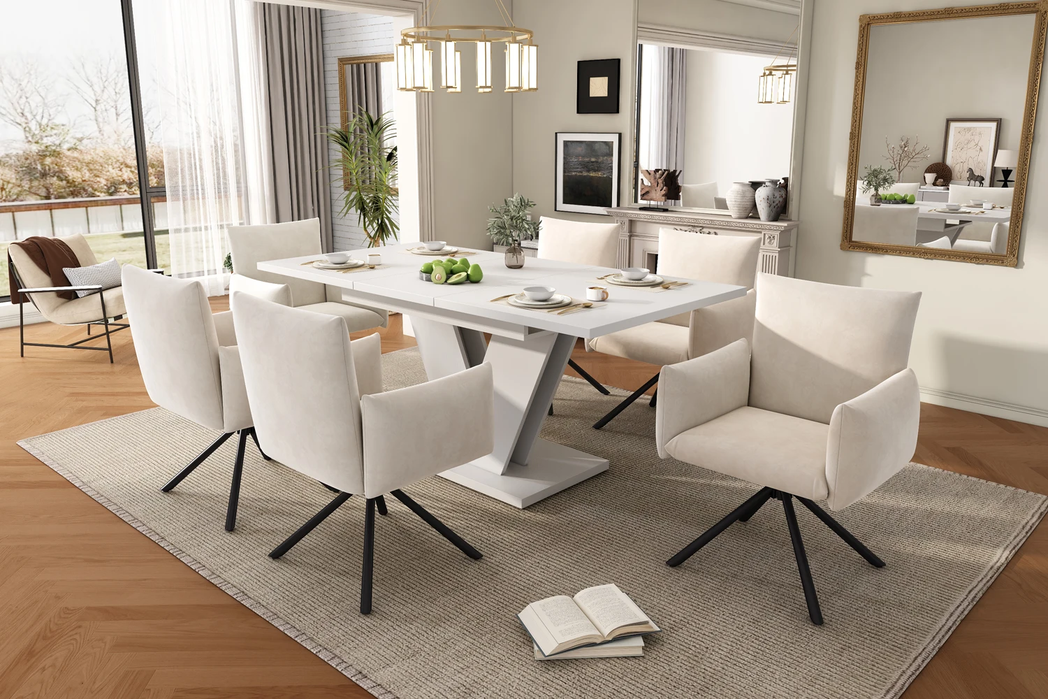 Ausziehbarer Esstisch 120/160*80 cm für 4-6 Personen, rechteckig mit verdickter Tischplatte und V-förmigen Beinen. – Detail 8