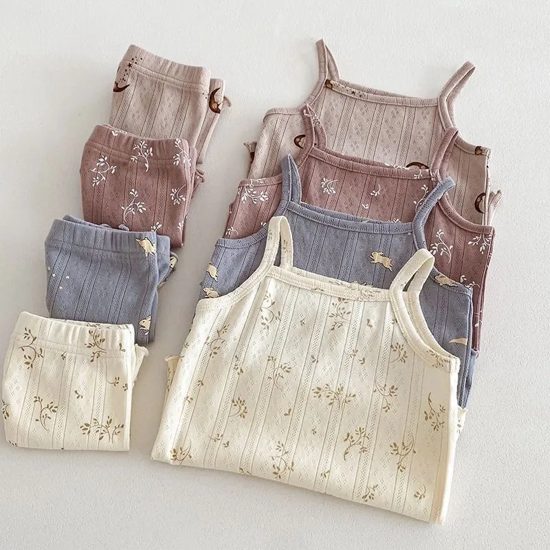 Fashion Baby Girl Cotton Floral Print Clothes Set Strap Vest + Shorts kids clothing set girls clothing set 2PCS Infant Toddler Child Summer Homesuit Baby Clothes 1-10Y