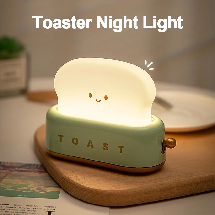 만화 아기 LED 야간 조명 장식, 침실 책상 빵 메이커 램프, 충전식 방 귀여운 토스터기 생일 어린이 교사 선물