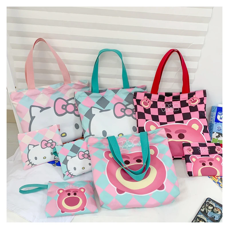 

Anime Sanrio Hello Kitty Women's Bag Plaid Cartoon Printed Canvas Large Capacity Zipper Shoulder Bag Collection Hobby Gift