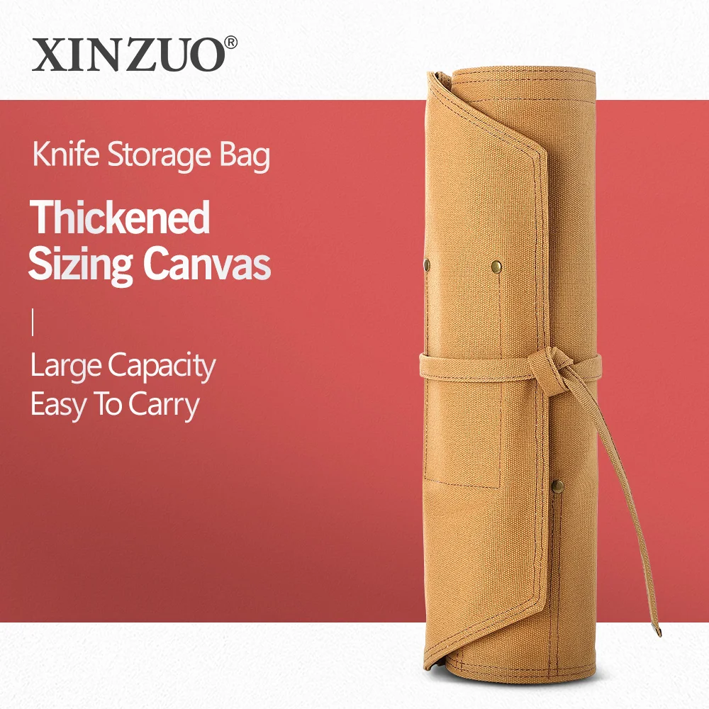 

XINZUO New Design Thickened Sizing Canvas Professional Chef Knife Roll Bag Convenient Storage Outdoor Camping Knife Storage Bag