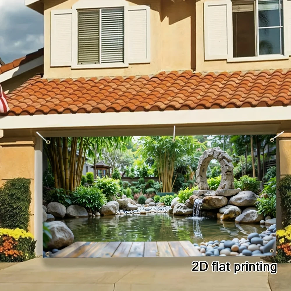 2D-Vorhangbanner, 1 Garagentorbanner – japanisches Zen-Garten-Design mit Bambusbrunnen, Steinweg und Wasserfallmuster – Detail 10