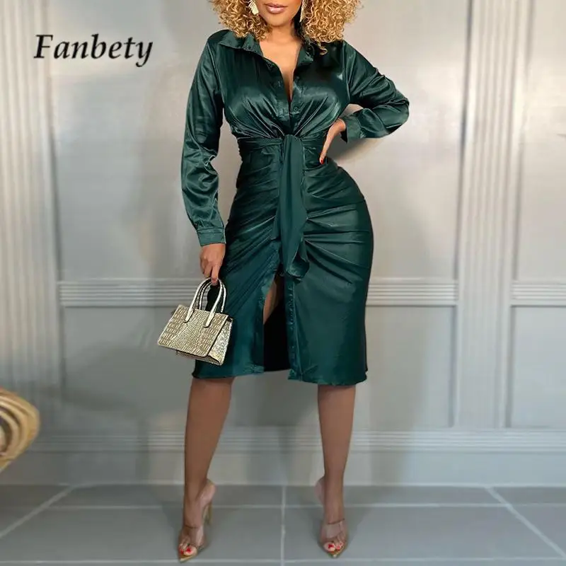 

New Fashion Turn-down Collar Long Sleeve Midi Dress Autumn Solid Color Single-breasted Shirt Dress Elegant Pleated Lace-up Dress