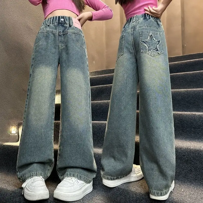 بنطلون جينز واسع الساق للفتيات لفصلي الربيع والخريف، خصر مرتفع، سروال طويل، ملابس أطفال، بنطلون دنيم للأطفال، نمط الزي المدرسي