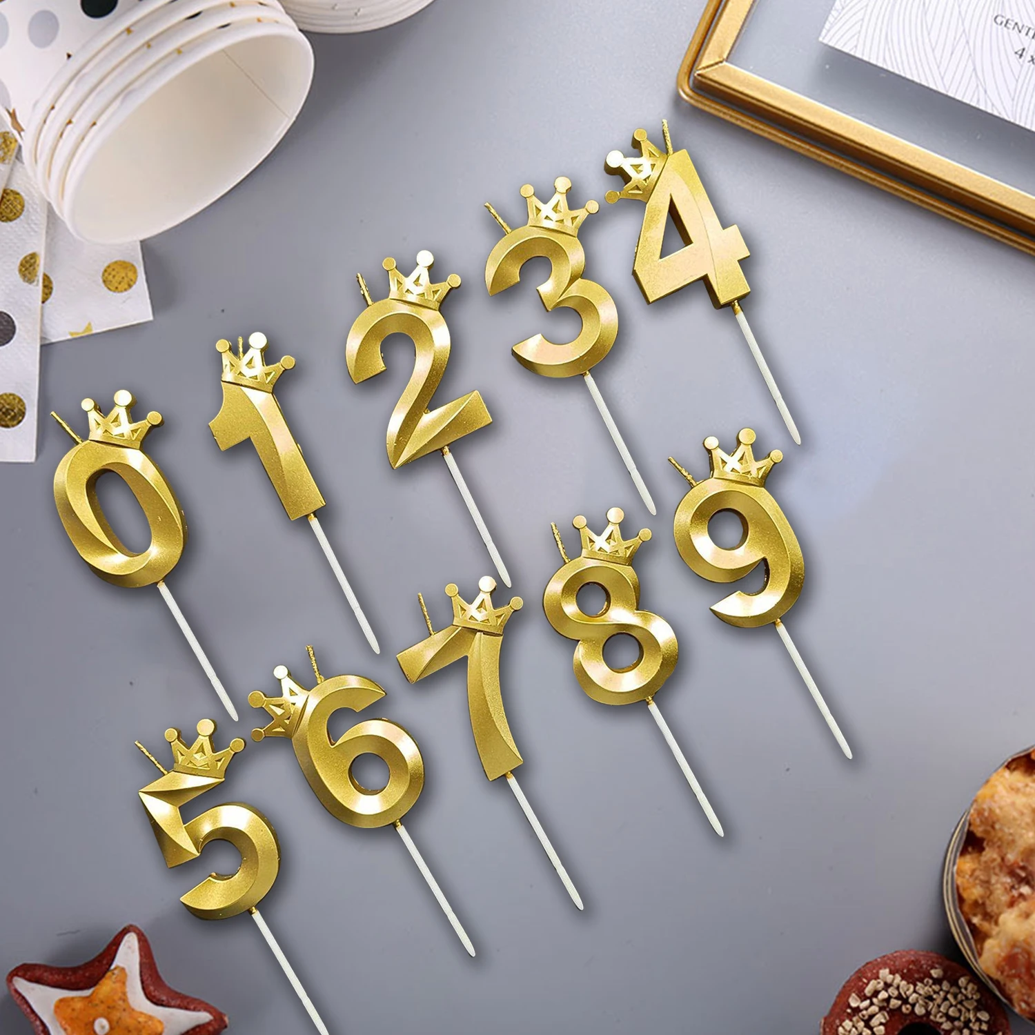 0-9 Number Cake Decorations Romantic Gold Crown Candles Number Topper for Happy Birthday Cake Decoration Queen Baby Shower