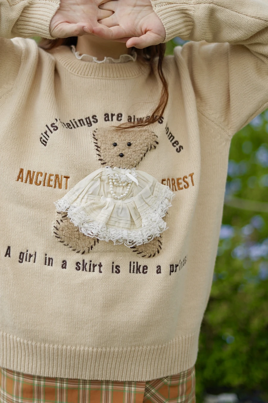 

Autumn Spring Original Design Women Loose Vintage Inspired Little Bear Patchwork Wool Pullover Sweaters Jumpers