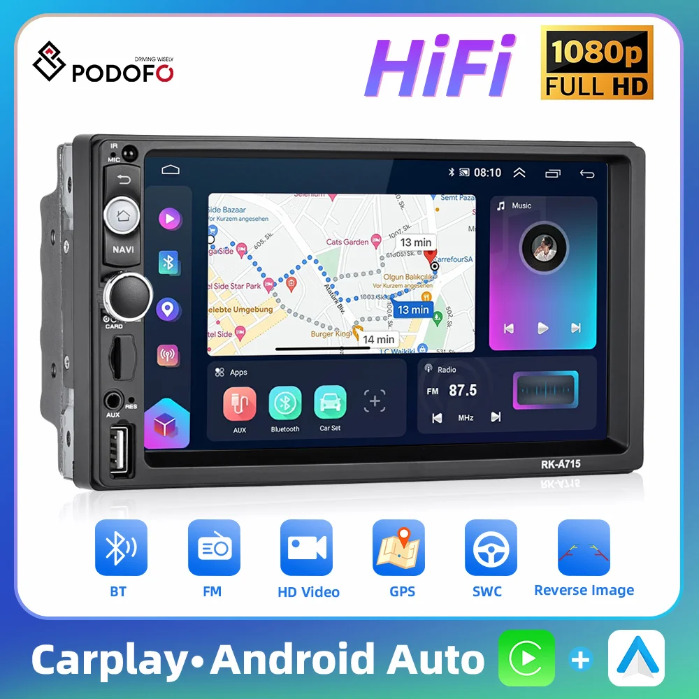 Podofo 8 + 128G Autoradio Stereo Android 10 7 ''Wifi Ai Mp5 8-Core Carplay Unità Principale Dsp Bt Navigazione Gps Lettore Video Multimediale