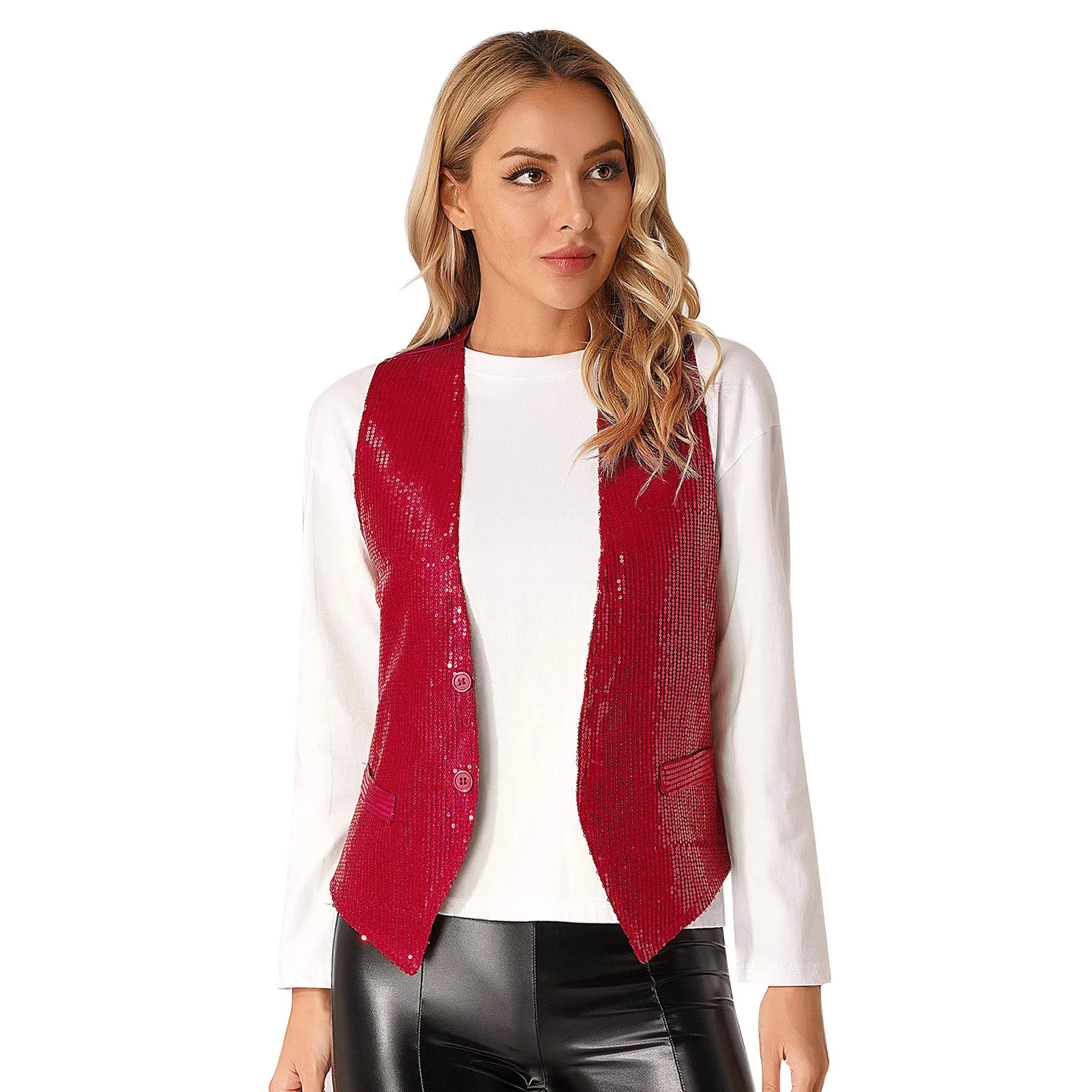 Gilet Donna Con Paillettes E Frange - Senza Maniche, Aperto Davanti, Per Party Disco E Hippie Style - Foto 12