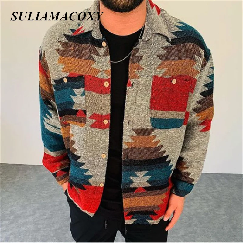 

Winter Casual Cardigan Coat Men's Long Shirt Colorful Christmas