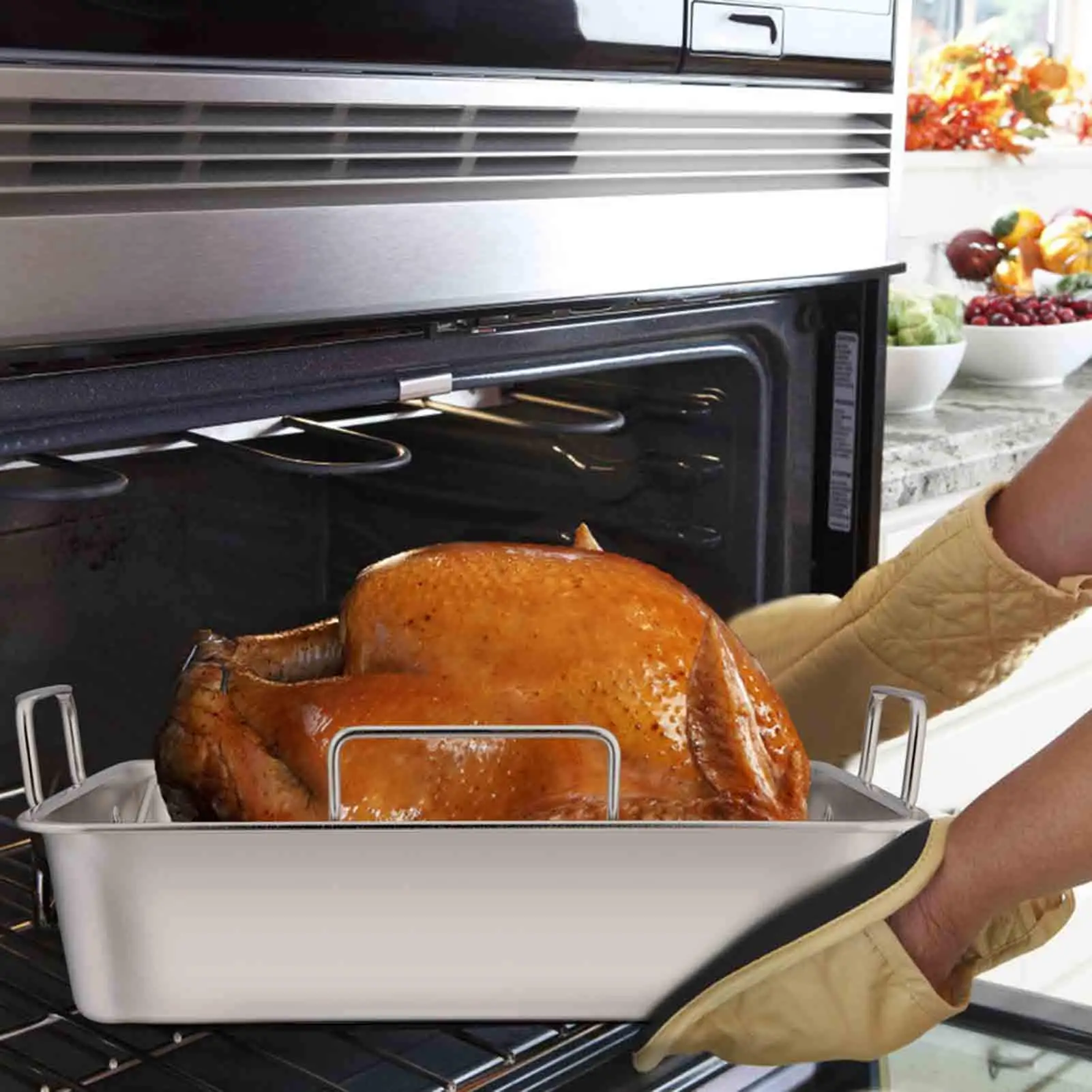 Roasting Pan 15" Stainless Steel Turkey Roaster Pan with Baking Rack and V-Shaped Rack Great for Roast Chicken Vegetable Baking