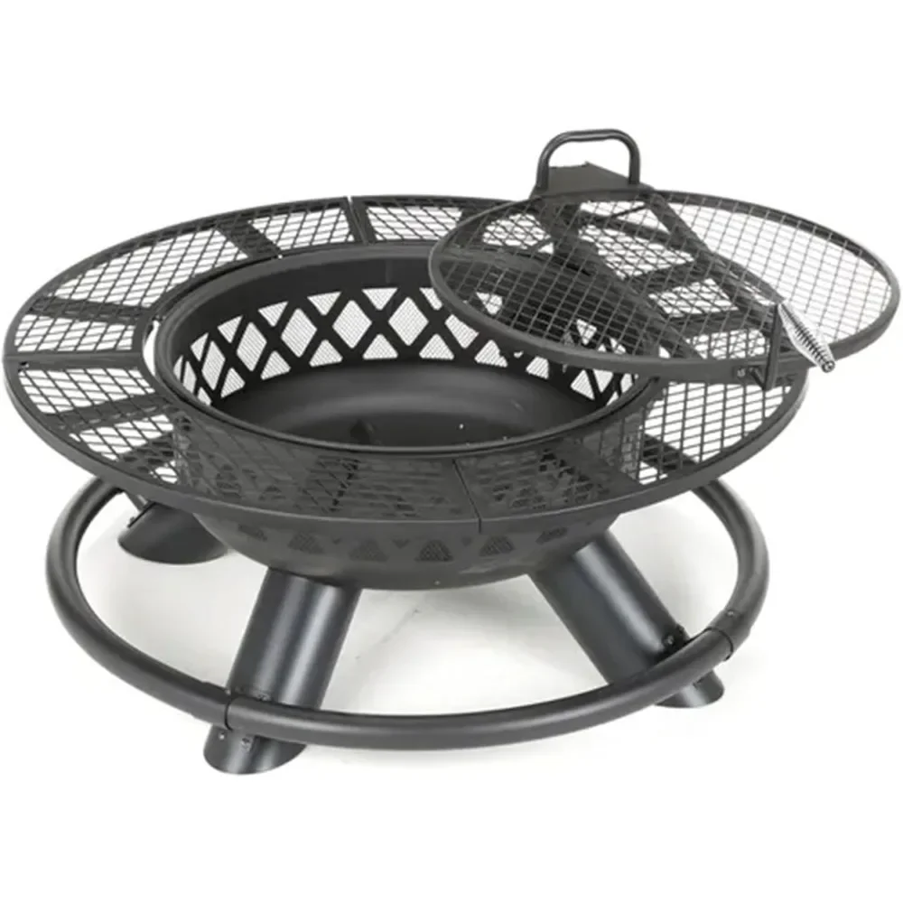47" Steel Ranch Wood Burning Fire Pit Round Outdoor Fireplace with Adjustable Grill Top, Safety Ring, and Cooking Grate, Black