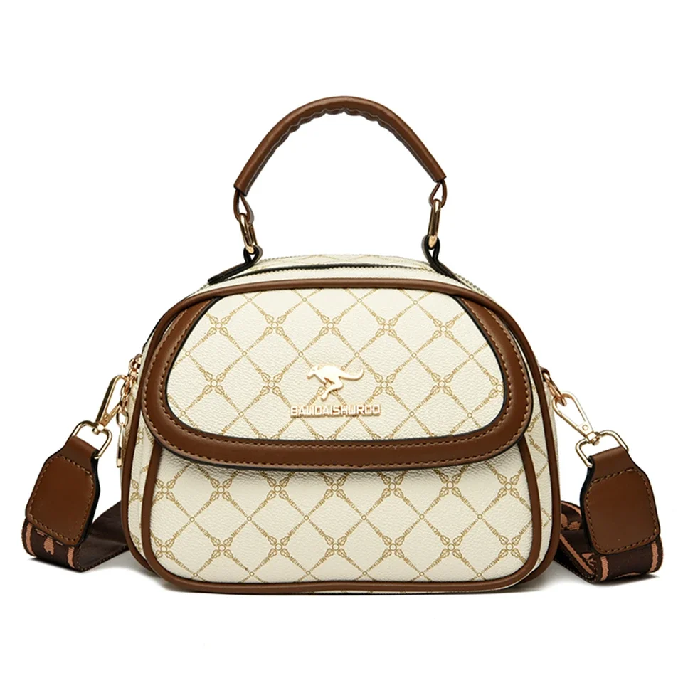 thumbnail image 1 of Bolso bandolera pequeño para mujer con estampado TMK, bolso de mano con dos compartimentos, logotipo de canguro, bolso de hombro de diseñador marrón y tostado, 1 of 5