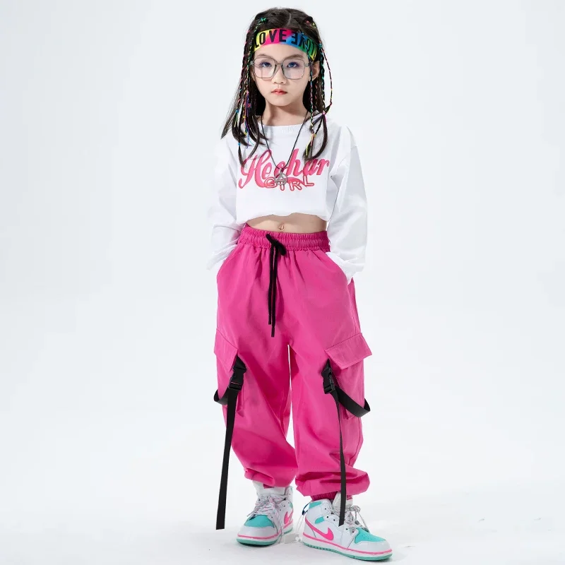 

Детская одежда для соревнований, Одежда для танцев в стиле хип-хоп, белая укороченная толстовка, топы, джоггеры, брюки для девочек, джазовые танцевальные костюмы