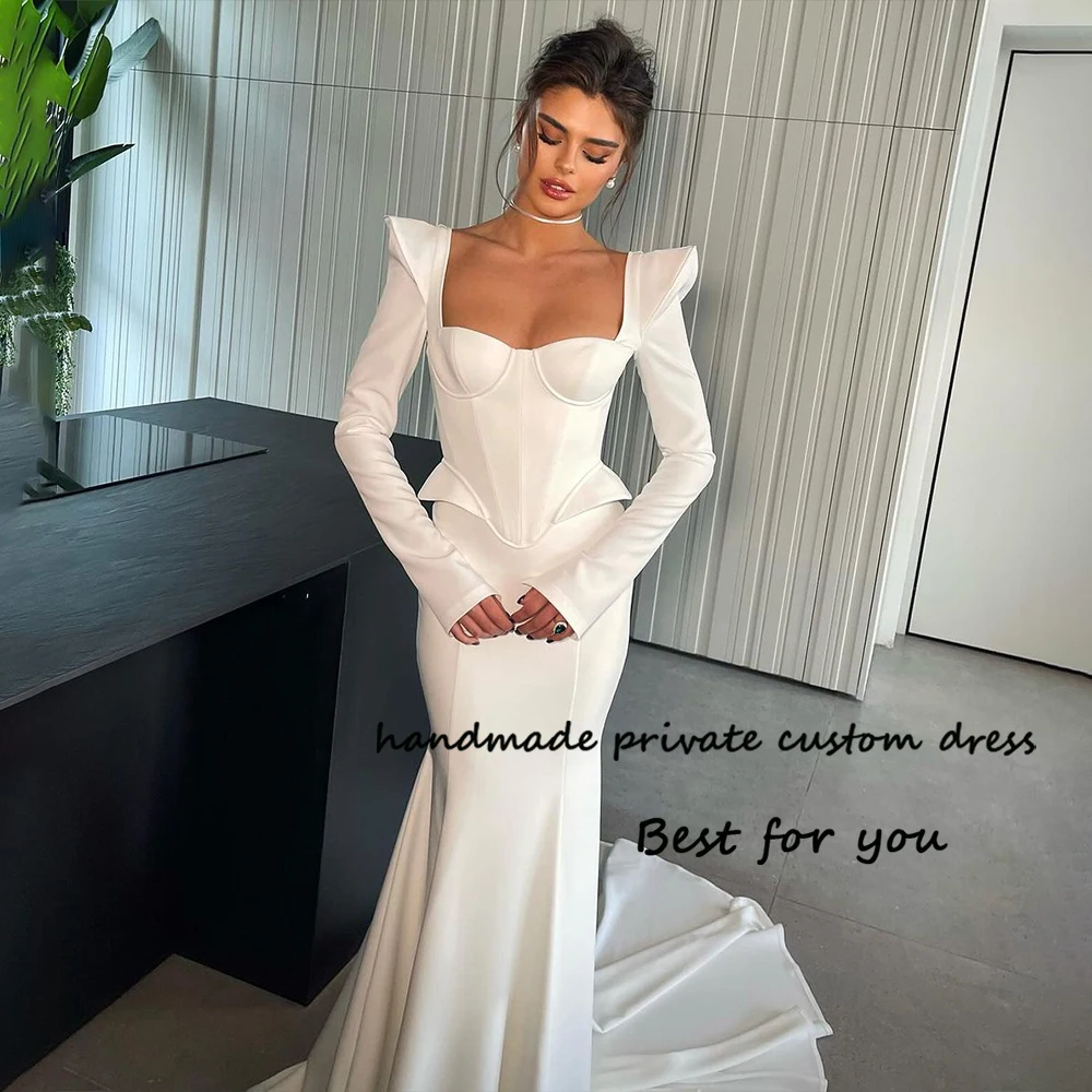 

White Satin Mermaid Wedding Dresses Long Sleeve Sweetheart Beach Bride Dress Simple Civil Wedding Gown with Train Lace Up Back