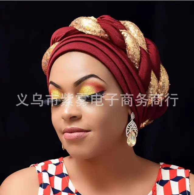 Turbans for Women Pleated Beanie Headwrap African Hat Arab Wrap Muslim Scarf Hijabs Hair Aso Oke Auto Gele Readymade to Wear Cap 015