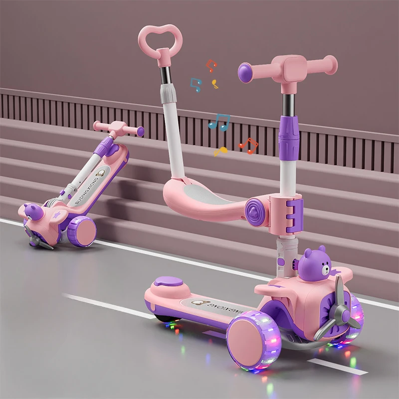 Children Scooter 3-in-1 Baby Kickboard Can Slide Sit and Flash 3-Wheel Foldable Micro Scooter Boy Girl Ages 2-6