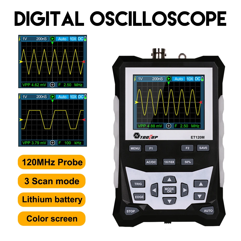 

Oscilloscope Handheld Digital Oscilloscope with 2.4" Screen Multimeter Signal Generator 120MHz Bandwidth 500MS/s Sampling Rate