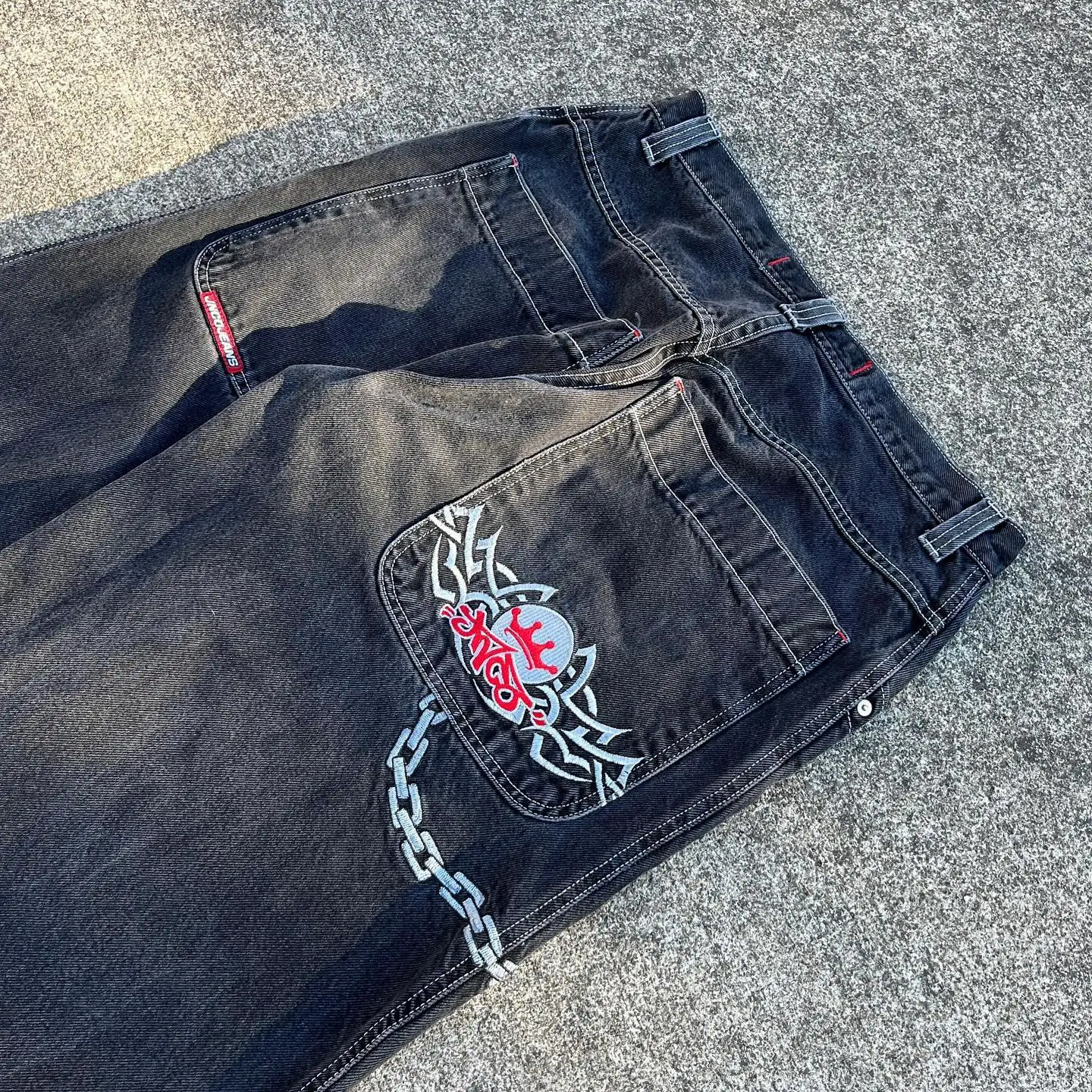JNCO New Jeans Harajuku Retro Hip Hop Letter Embroidery Baggy Jeans Black Denim Pants Men Street Gothic Wide Trousers Streetwear
