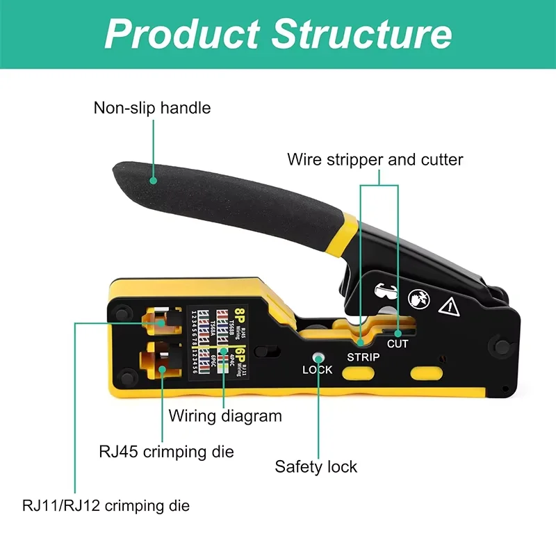 RJ45 Network Crimper Pass Through Multifunction Ethernet Crimping Pliers Crimp/Cut/Strip for Cat6 Cat5 Cat5e RJ45 Connectors