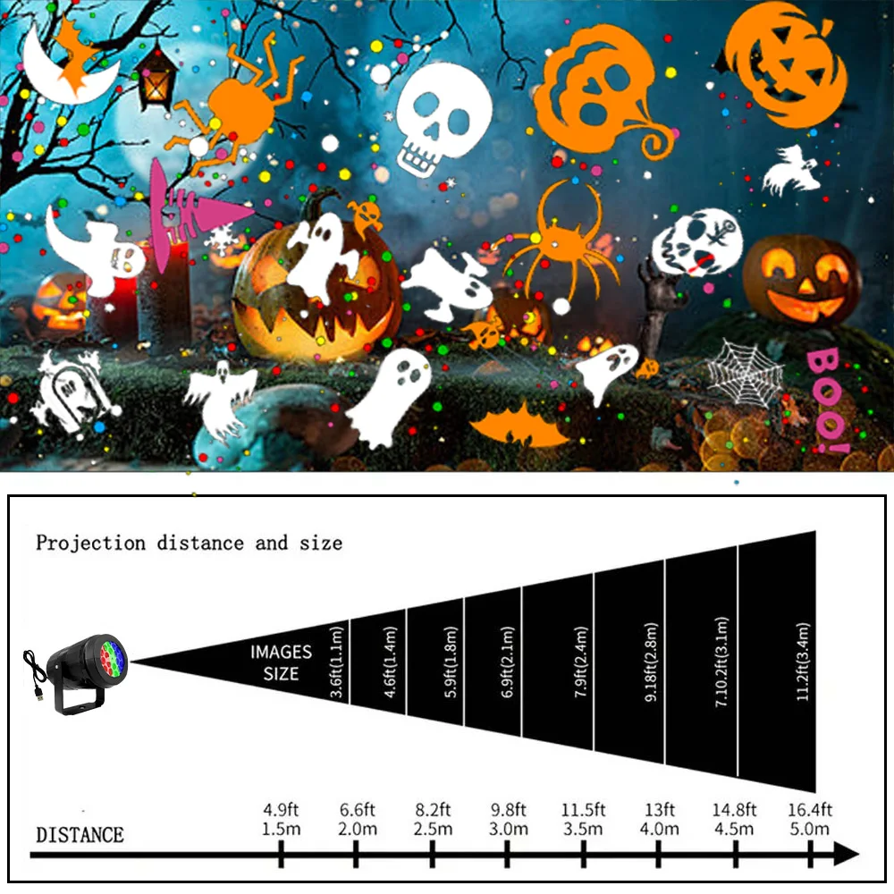 Halloween Projector Light USB Power LED Spotlight Pumpkin/Skull/Spider/Ghost Projection for Bedroom Decor Room Party Fairy Lamp 3