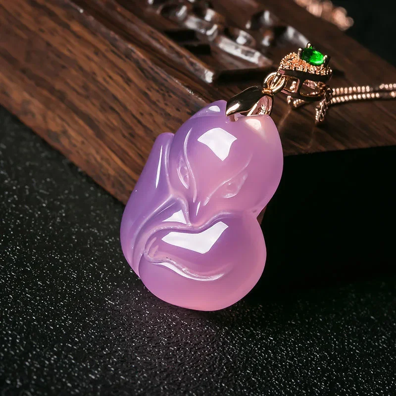 Natural Purple Agate Fox Pendant Necklace Jewellery Fashion Accessories Hand-carved Man Woman Lucky Amulet Sweater Chain