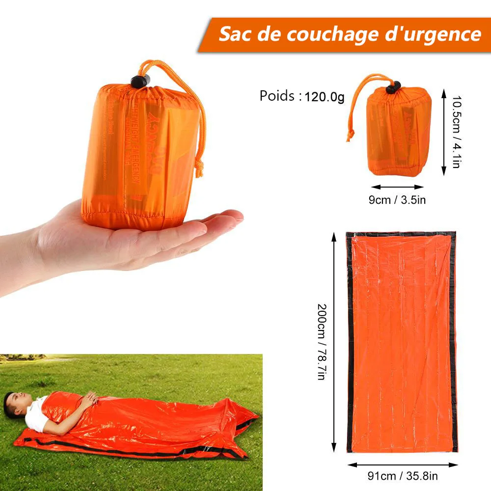 Sac de couchage de survie d'urgence en plein air, couverture thermique en Mylar, sac étanche et réutilisable, Portable, Camping, randonnée, équipement d'urgence