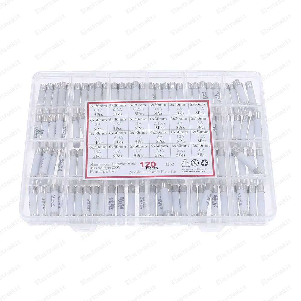 120Pcs 24Value 6*30mm Fast Blow Ceramic Fuse Box kit 250V 0.1A 0.2A 0.5A 1A 1.5A 2A 3A 3.15A 4A 5A 6A 7A 8A 10A 15A 16A 20A 30A