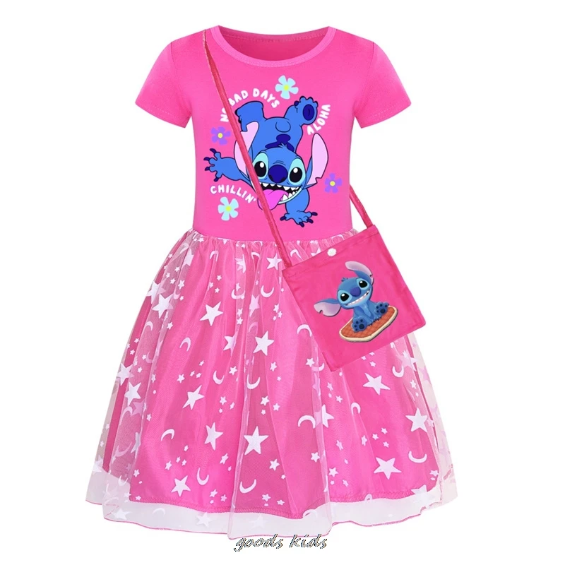 Vestido de malha arco-íris Lilo e Stitch para bebês, roupas infantis de manga curta, fantasia de princesa, vestido de verão fofo infantil