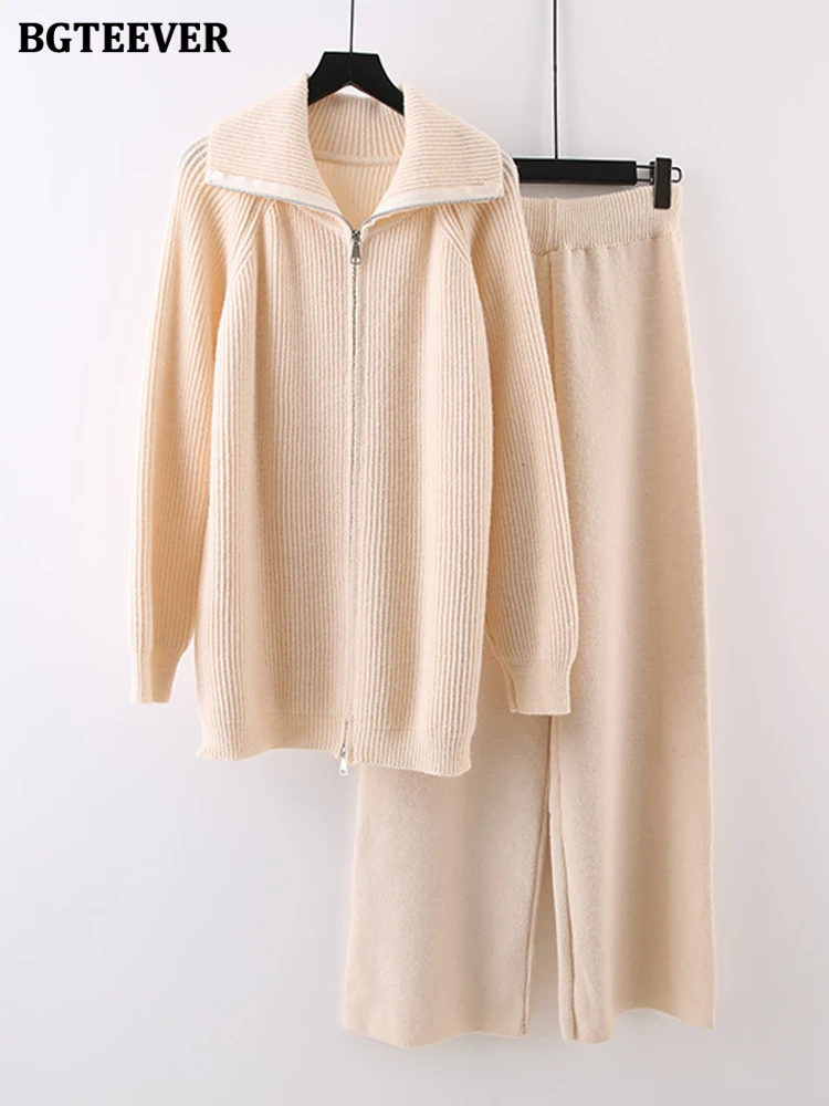 

BGTEEVER Casual Loose Women Sweater Set Full Sleeve Zipper Cardigans & Elastic Waist Wide Leg Trousers Winter Warm Female Outfit