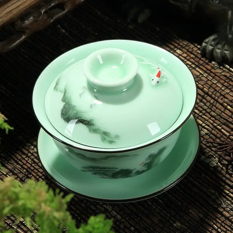[GRANDNESS] Longquan Gaiwan Set Porcelain Tea Cup Handpainted Floral Sancai Tea Cup 170ml