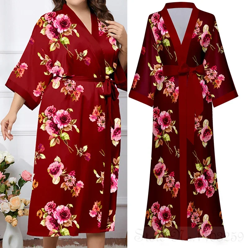 Japanese Style Printed Half Sleeved Kimono Bathrobe Gown Plus Size Women Long Robe Yukata Spring Autumn Satin HomeWear Sleepwear