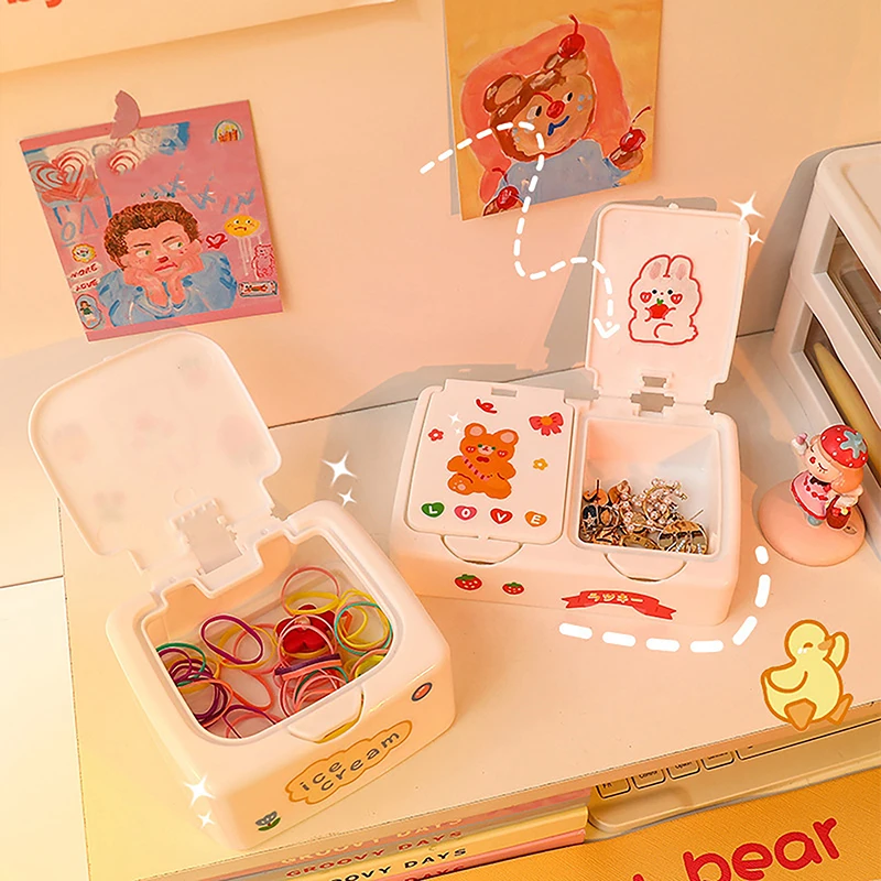 Kawaii Cartoon Desk Organizer Box Button Cosmetics Storage Box With Lid Mini Jewelry Organizer Cosmetics Makeup Container